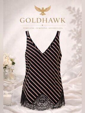 NWT Gold Hawk Silk Black & Cappuccino Striped Camisole w/ lace trim Size Small